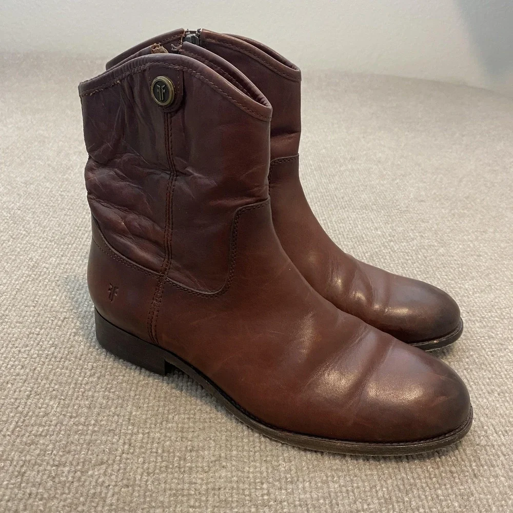 Frye Booties Womens Size 7.5‎ Brown Leather Ankle Zip Block Heel 3477000-JDD